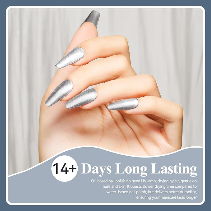 Cat Eye Nail Polish Non Gel, Air Quick Dry, Magnetic Fingernail Polish Silver Metallic Nail Lacquer Holographic Mooncat Nail Concealer Polish For Nail Art Long Lasting 1PC