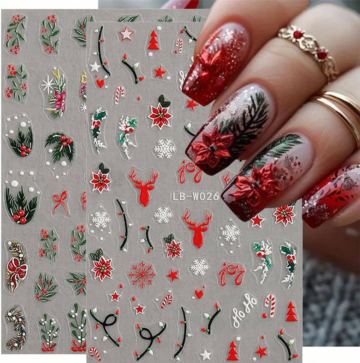 4 Sheets Christmas Nail Art Stickers 5D Embossed Holly Leaf Nail Decals Winter Christmas Tree Elk Snowflake Design Self Adhesive Nail Art Supplies for Women Acrylic DIY Holiday Manicure Decoration