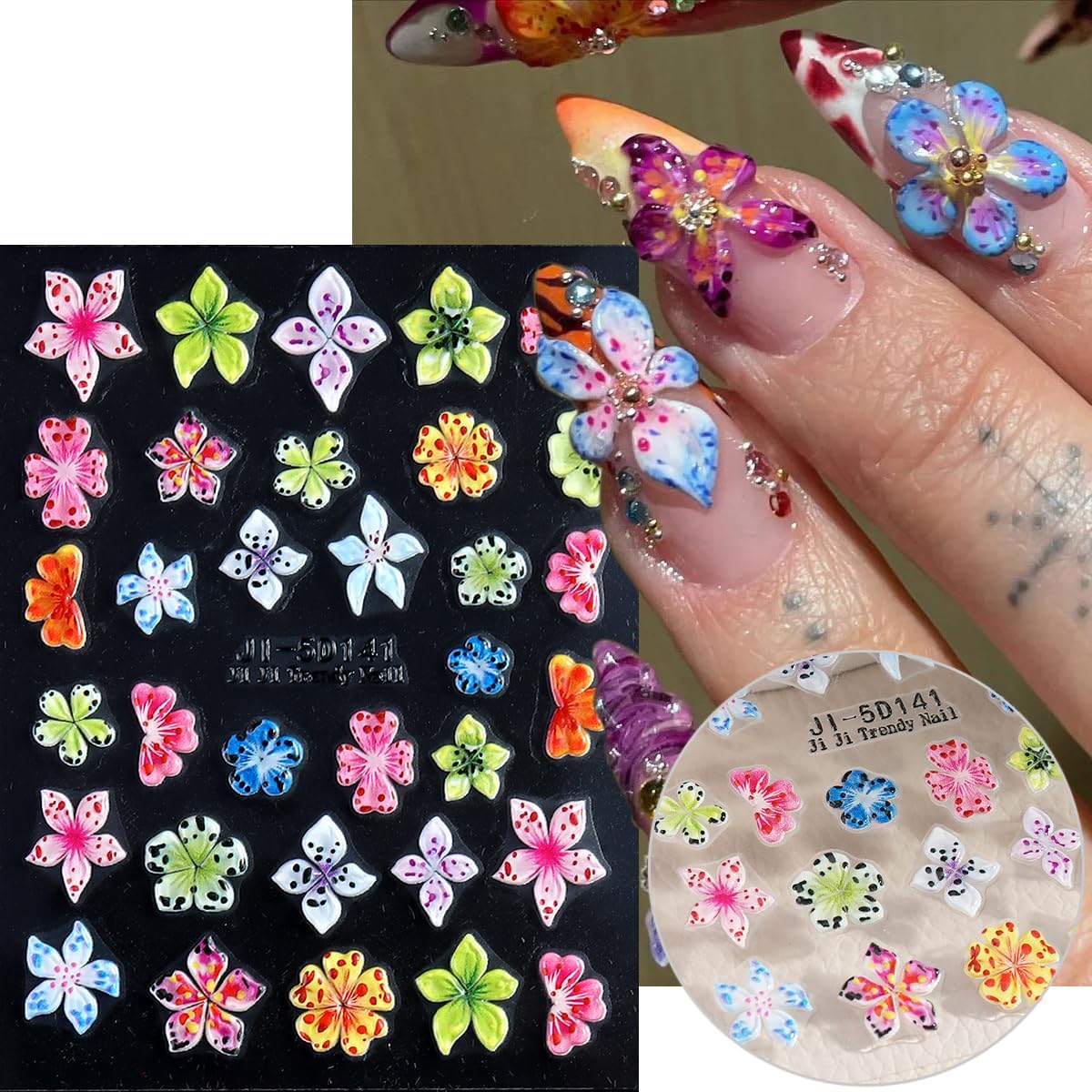 Flower Nail Stickers 5D Embossed Lily Flower Stickers for Nails Hibiscus Self Adhesive Floral Nail Decals Gold Flower Nail Charms Vacation Design Pegatinas para Uñas 4 Sheet
