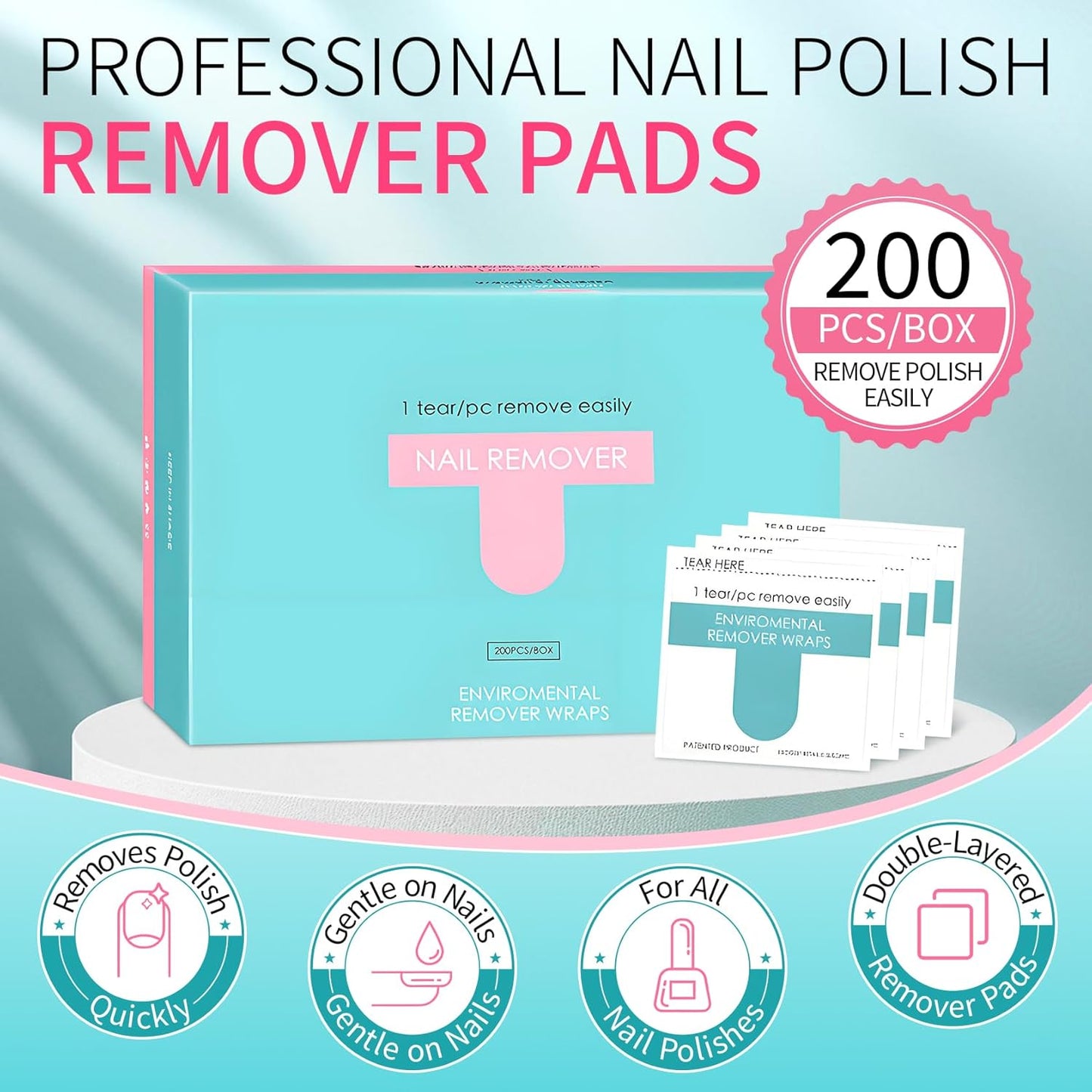 Nail Polish Remover Wipes,200 Pack Individually Nail Polish Remover Pads with Tools,Portable Fingernail Travel Kit,Quickly removedor de gel para uñas for Salon Home