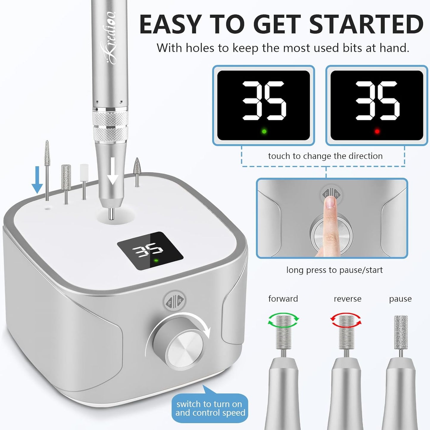 Kredioo Electric Nail Drill Professional for Salon Use 35000RPM Efile File Kit for Gel Nails Polish Remover with 11 Bits and Sanding Bands Build-in Bit Holder -Silver
