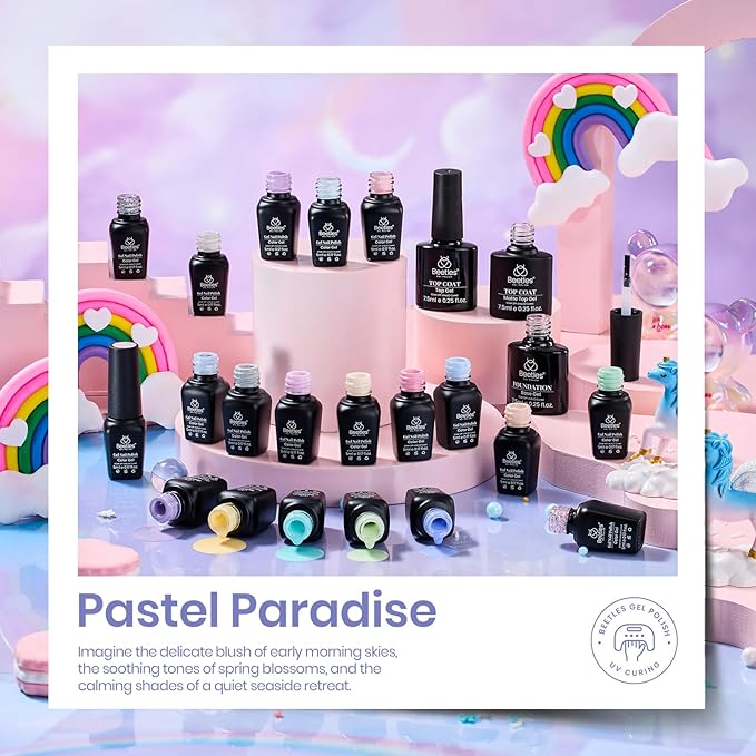 beetles Gel Polish Set - 23Pcs Macaroon Color Gel Nail Kit with Glossy Matte Top Coat Base Coat Yellow Pink White Purple Blue Glitter Bright Uv Nails Paradise Pastel Gel Halloween Gifts for Women