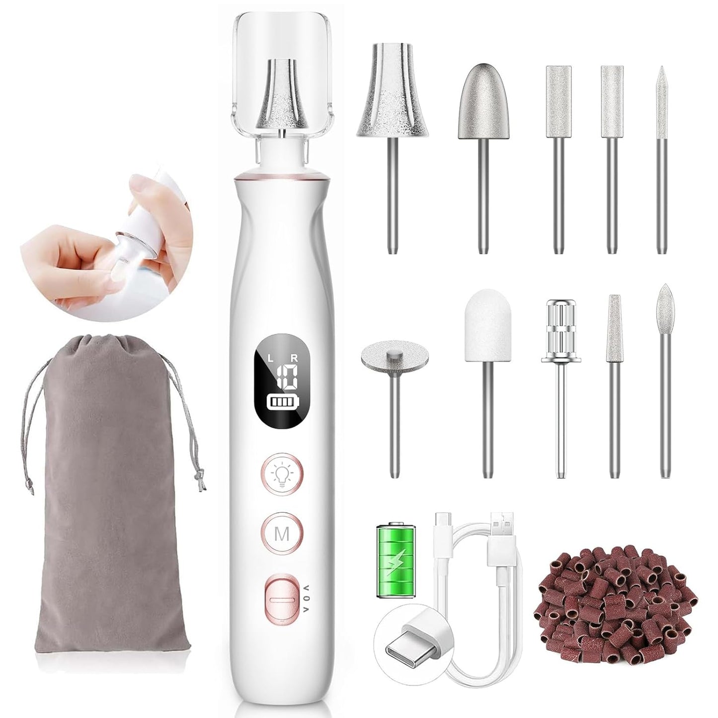 Nail Drill Electric File: HSKAI® 10000RPM Powerful Nail Drill with LCD Display, Cordless Thick Nail Grind Filer for Acrylic Gel Natural Nails Toenails, Manicure & Pedicure Multi-Tool for Home Salon