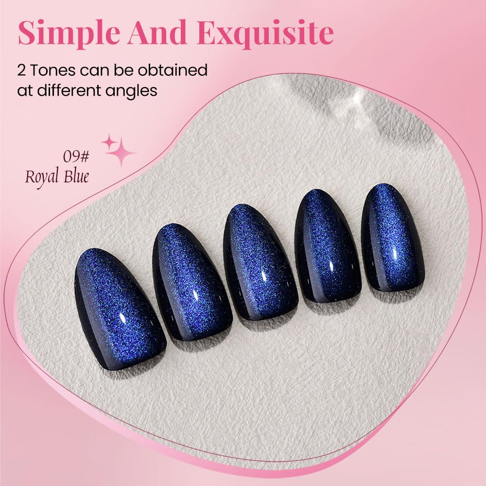 evpct Dark Blue Press on Nails Almond Short, Royal Blue Cat Eye Glitter Press on Nails for Women Gift, Soft Gel Press Glue On Nail with Nail Glue, Full Cover, 30Pcs Reusable Acrylic Fake Nails Kit