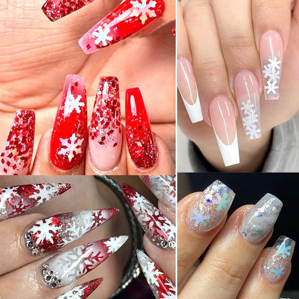 12 Grids 3D Laser Snowflake Nail Decals - Holographic Sequins, White Snow Glitter Shapes - Christmas & Winter Nail Art Stickers