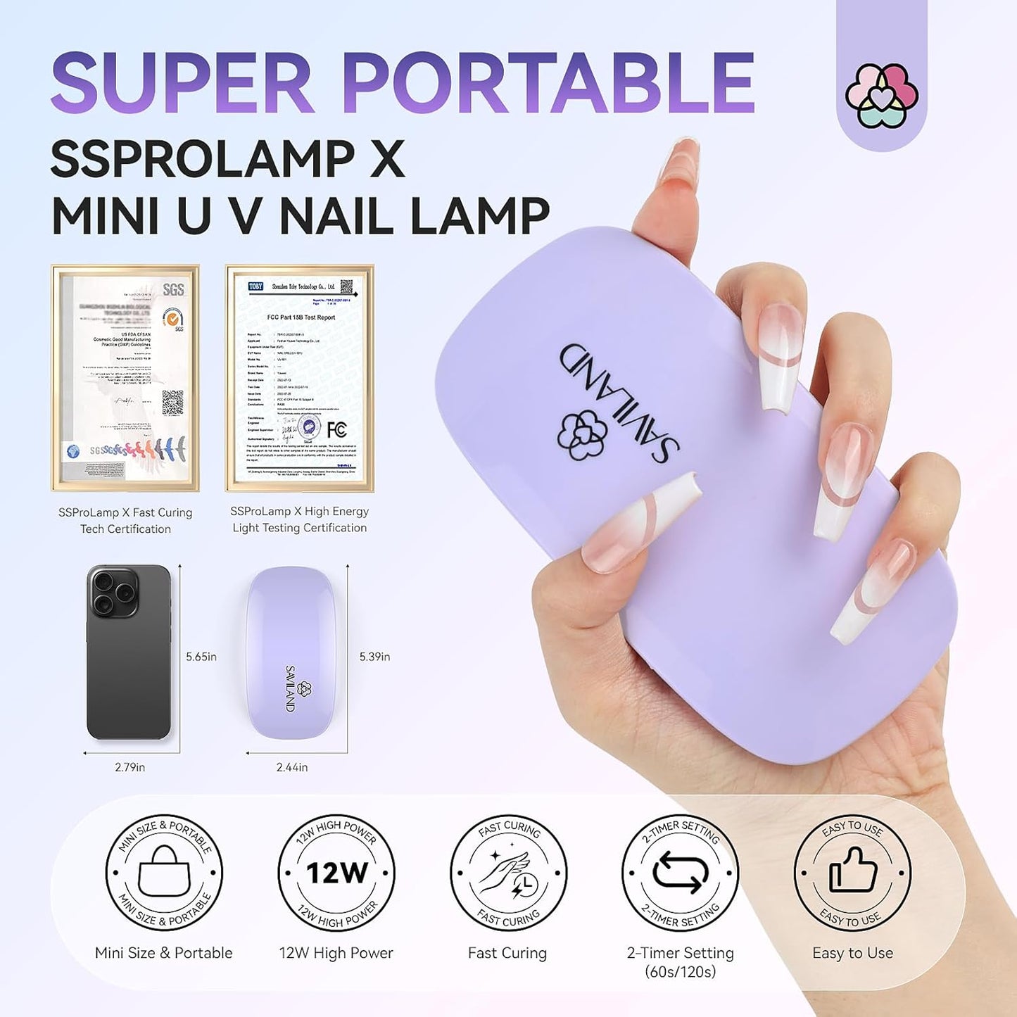 SAVILAND SSPro X Gel U V Nail Lamp for Gel Polish: 12W Mini Portable LED Light Fast Curing 2 Timers Flash Cure Lamp USB Interface Folding Design Personal Manicure Home Travel Use U V Light Purple