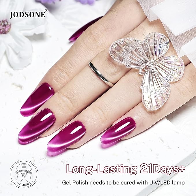 JODSONE Cat Eye Gel Nail Polish Set Purple Red Sliver Collection 6 Colors for Holographic Glitter Cat Eye with Magnet at Home DIY Design Gift for Girls