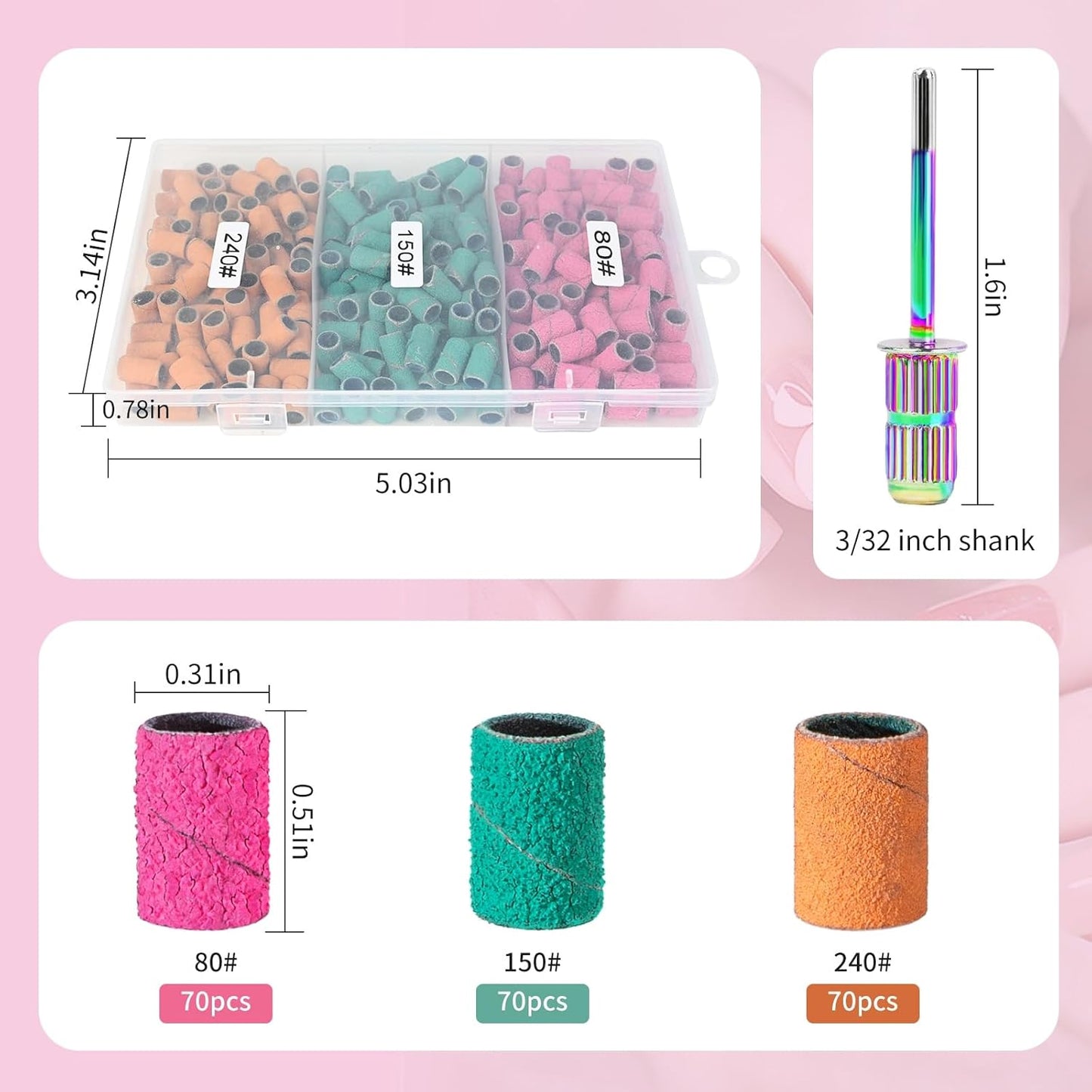 Sanding Bands for Nail Drill,KOYOPEPI Nail Drill Sanding Bits 210Pcs Color Coarse Fine Sanding Bands Mandrel Bit