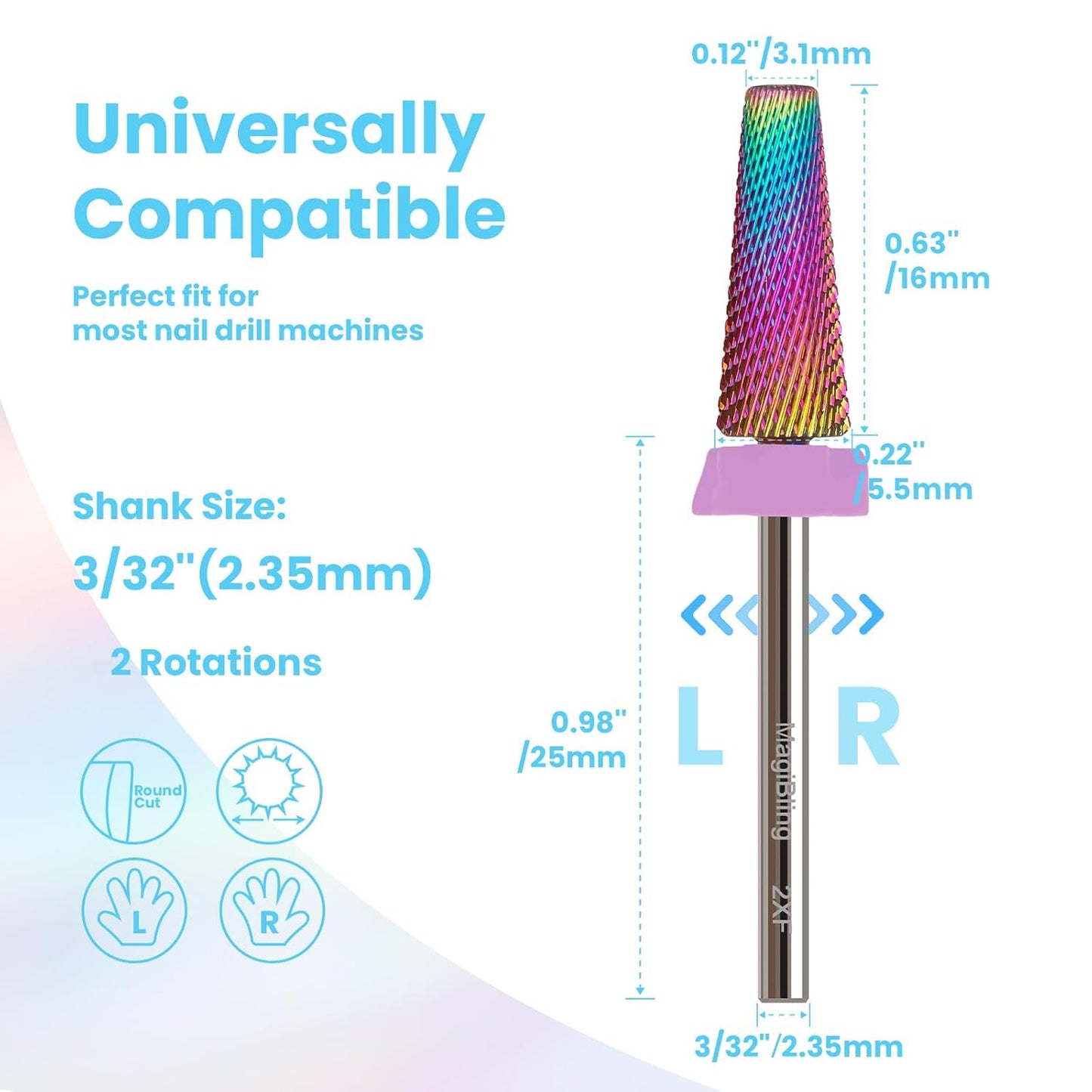 2xf 5 in 1 Nail Drill Bits, 16mm Tapered 3/32'' Professional Tungsten Carbide Bits for Efile, 2 Rotation for Electric Drill, Remove Thin Gel, Manicure Cuticle Gel Polishing, Techs Bits, Double Fine