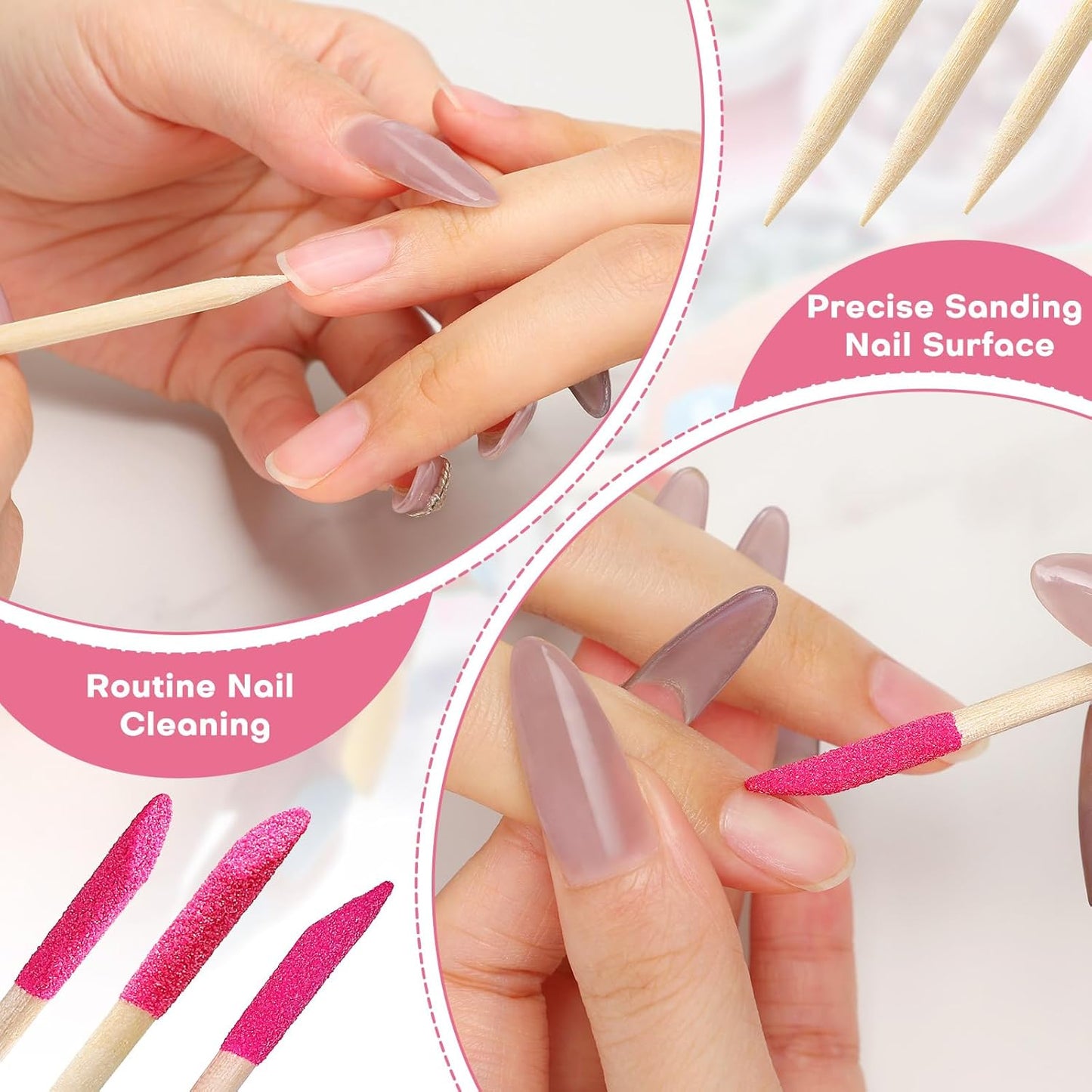 100PCS Disposable Sanding Sticks, Pumice Stone Cuticle File Remover Nail File Buffer, Double-Headed Manicure Sticks Wood Nail Stick Pusher Sanding Tools for Home Salon Mani-Pedi, Pink