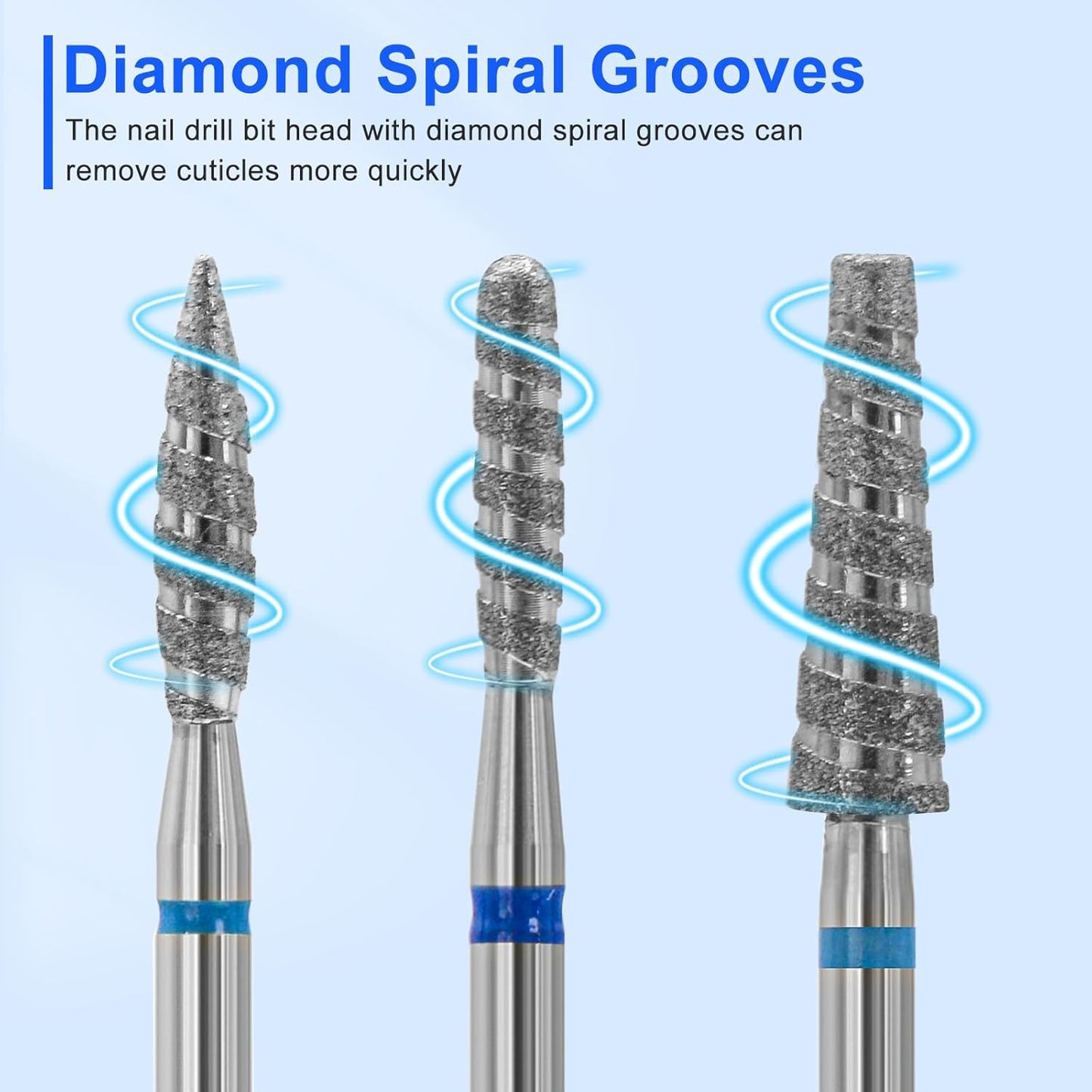 Diesisa 6 Pack Nail Drill Bits for Acrylic Nails, Diamond Carbide Nail Clipper Heads with Diamond Spiral Grooves, 3/32 Inch Cutter Attachment for Nail Preparation, Cuticle and Dead Skin Removal-Blue