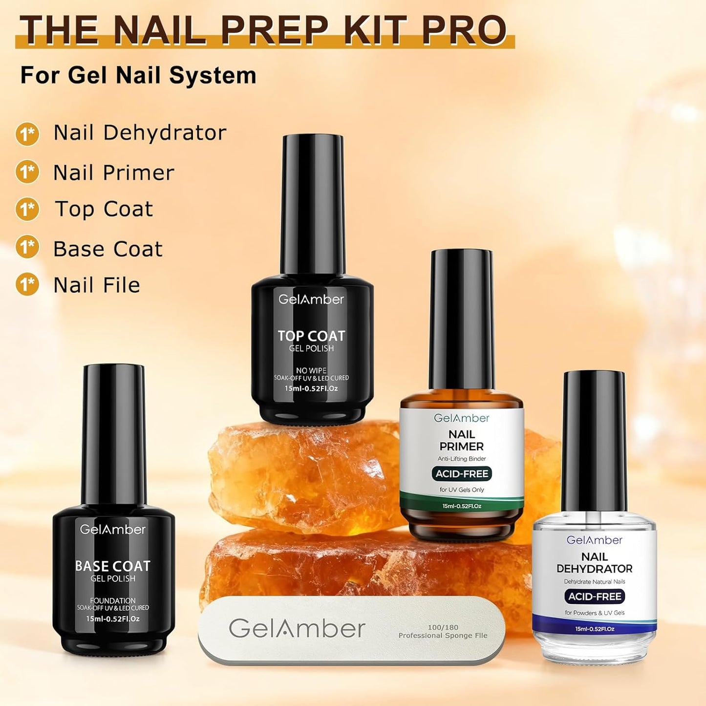 4Pcs 15ml Nail Primer and Dehydrator with Gel Base and Top Coat Set, Nail File, Acid-Free Glossy Durable Long-Lasting Finish Home DIY Nail Salon Nail Prep Kit Gift