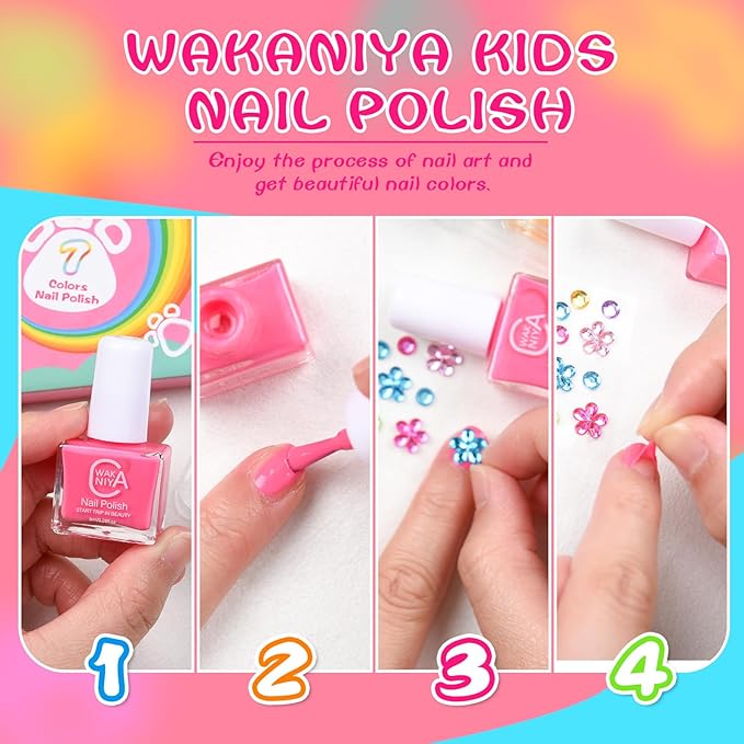 wakaniya Kids Non Toxic Nail Polish Set for Girls with Gems Nail Stickers, 7 Color Peel-Off Low Odor Nail Polish for Toddler