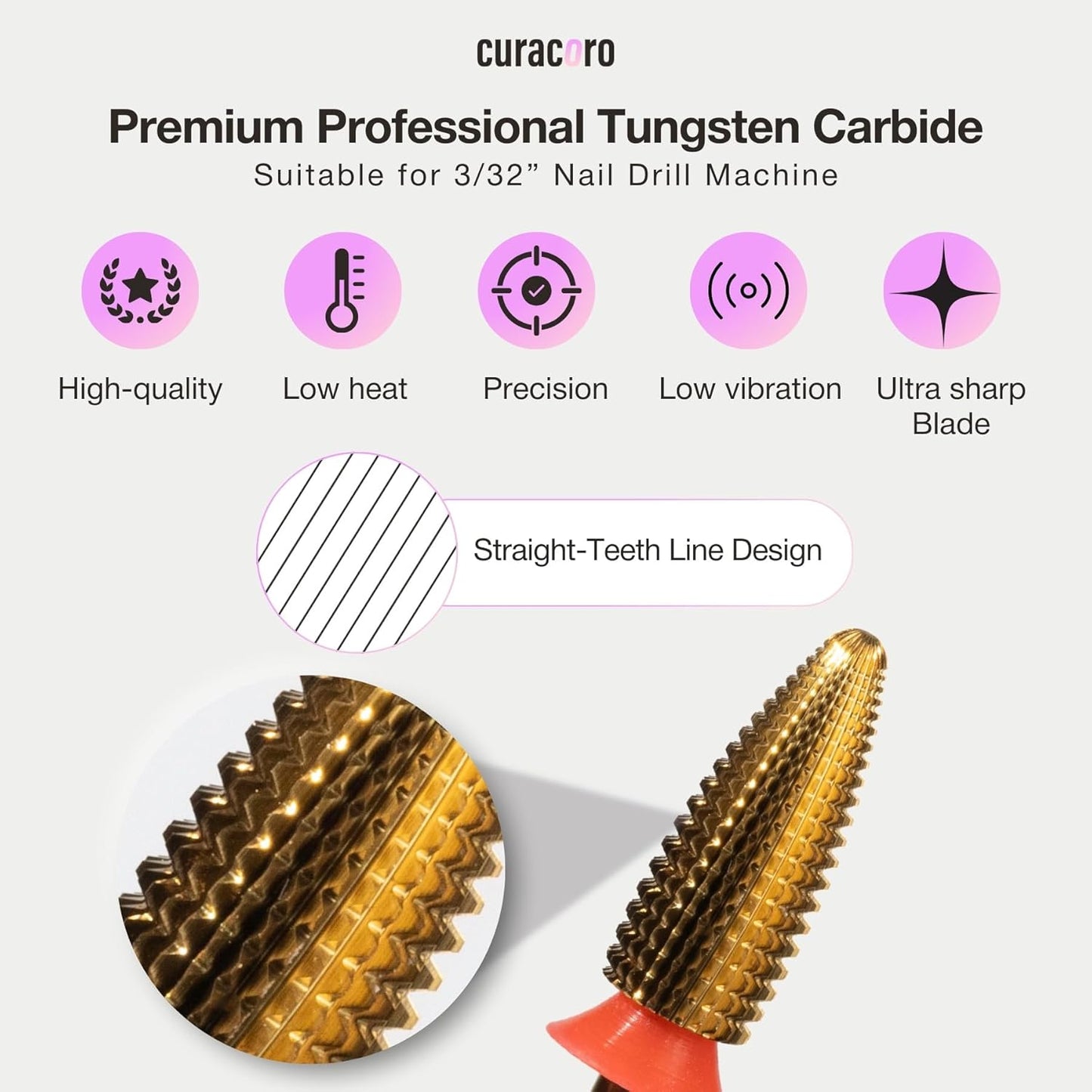 Curacoro Nail Drill Bits 3/32'' - Typhoon Bits, 2 Way, Carbide Bit (Fine) for Gently Removal of Gel Polish, Buffing to Smooth & Shiny Nails, Precise & Easy Control, Nail Art Salon & Home