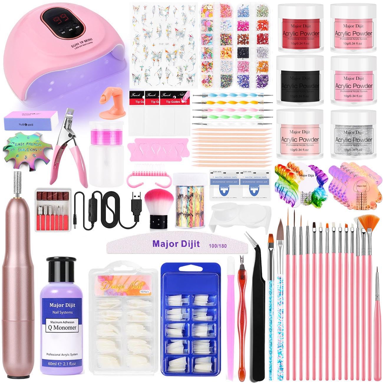Acrylic Nail Kit with liquid Monomer,6 colors Glitter Acrylic powder UV Lamp for Beginners with Everything Nail Supplies (Pink)