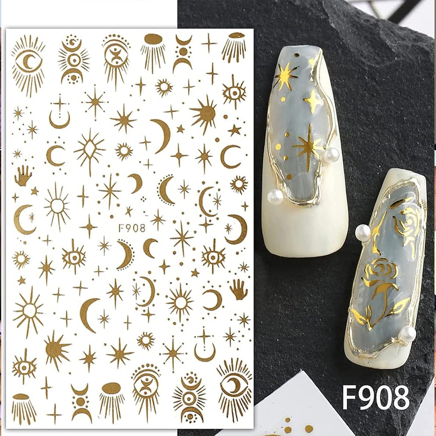 6 Sheet Gold Nail Stickers Black Snake Eyes Leaf Nail Art Stickers 3D Self-Adhesive Bronzing Sun Star Decals Starlight Nail Design Sticker for Acrylic Nail Supplies Women Nail Decorations