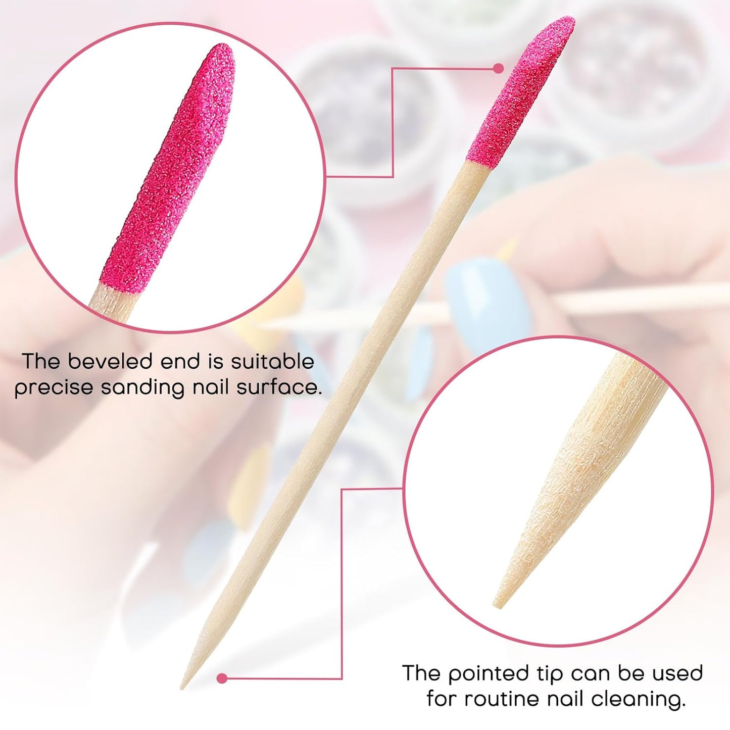 100PCS Disposable Sanding Sticks, Pumice Stone Cuticle File Remover Nail File Buffer, Double-Headed Manicure Sticks Wood Nail Stick Pusher Sanding Tools for Home Salon Mani-Pedi, Pink