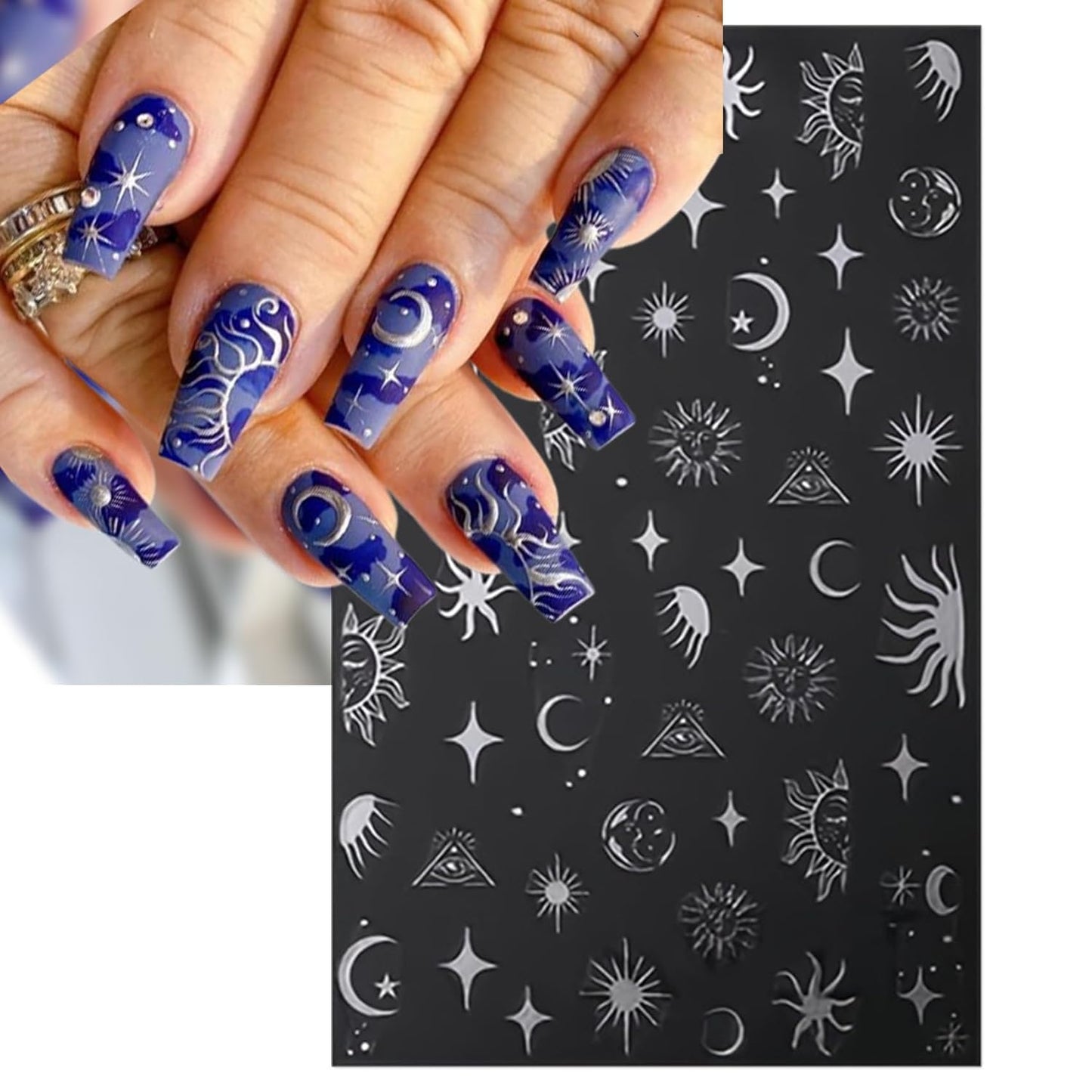 8 Sheets Gold Sun Nail Art Stickers - Sliver Moon Star Self-Adhesive 3D Nail Decals for DIY Golden Slivery Manicure