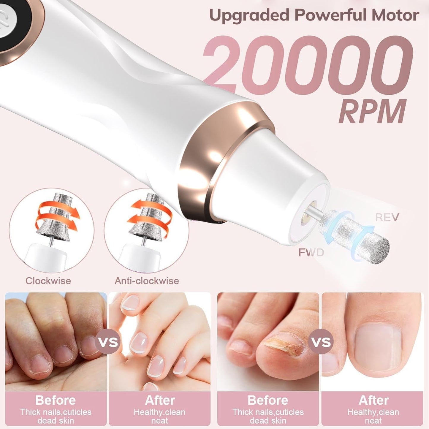 Professional Manicure Pedicure Kit Cordless Electric Nail File Set 6 Speed Cordless Nail Drill for Thick Nail Toenail Cuticle Hand Foot Care Nail Drill Tool(White)