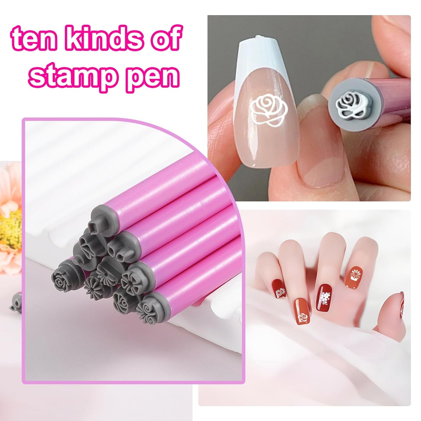 10pcs Nail Art Stamp Pen Set Flower Design Nail Stamping Pens Nail Stamp Tool Nail Art Stamps for Women
