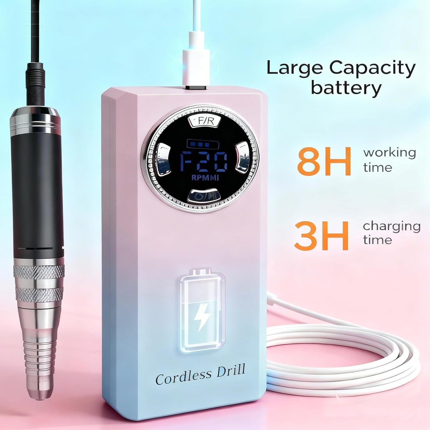 Professional Electric Nail Drill , LUMCRISSY 40000 PRM Electric Nails File Machine for Acrylics, Rechargeable Nail File Nail Grinder Drill Bit Manicure Pedicure for Salon and Home Use
