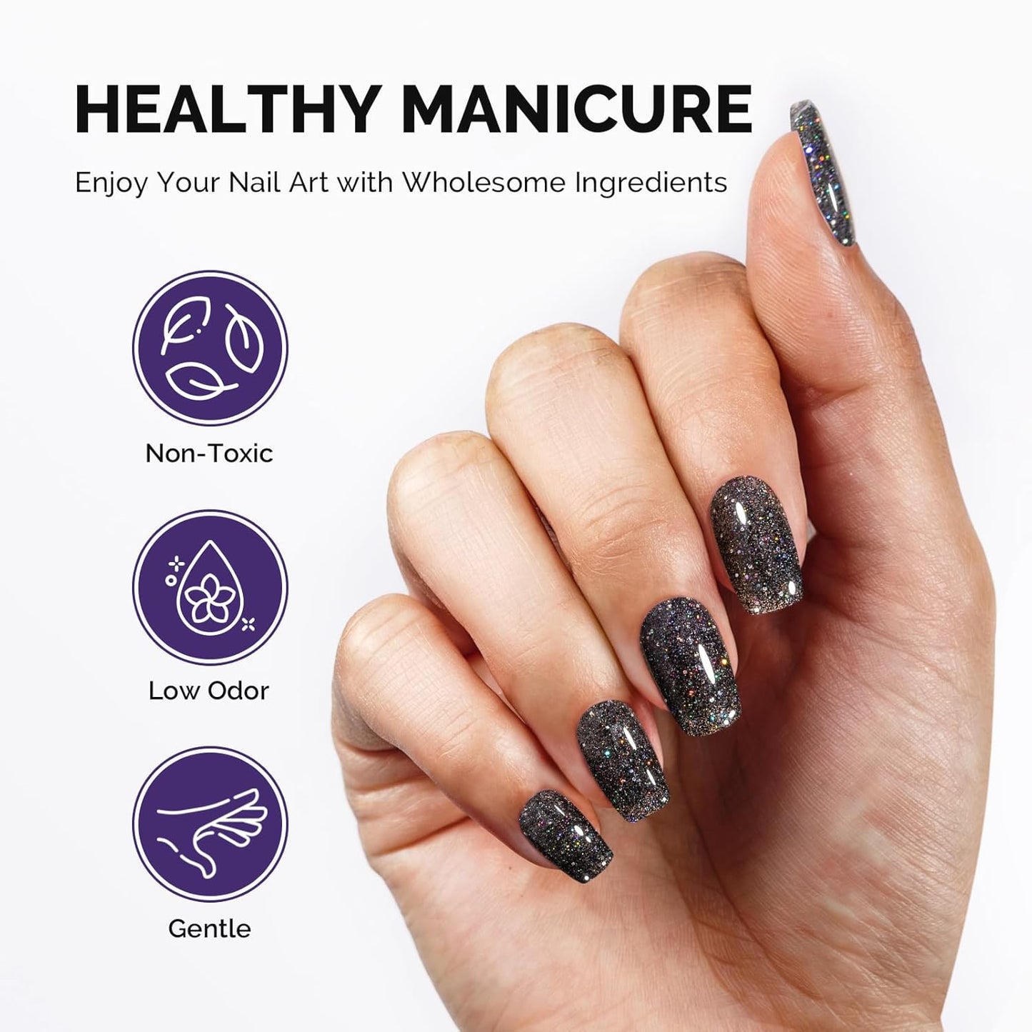 MelodySusie Galaliver Glitter Gel Nail Polish, 15ML Sparkly Shimmer Gel Polish Soak Off UV LED Cured Long Lasting Gift for Women DIY Nail Design Nail Art Manicure Colorful Black X10