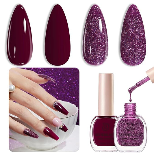 AZUREBEAUTY Purple Nail Polish Set 2 Colors Glitter Quick Dry Long Lasting French Tip Nail Polish Natural Manicure Diy Home Gift for Girls