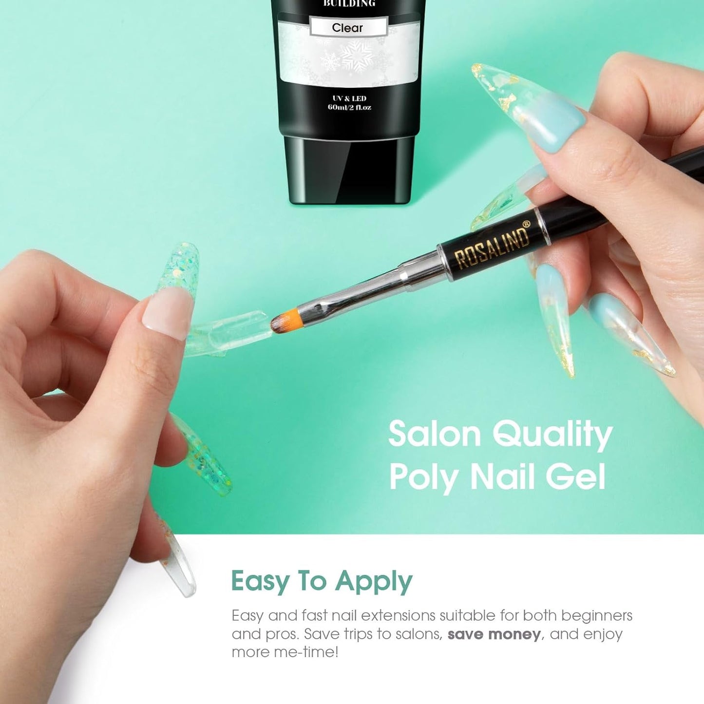 ROSALIND 2 oz Clear Poly Nail Gel - Professional Nail Extension Gel for Long Lasting DIY & Salon Nails, Quick Dry UV/LED Light Cured Transparent Nail Builder Clear Gel Summer