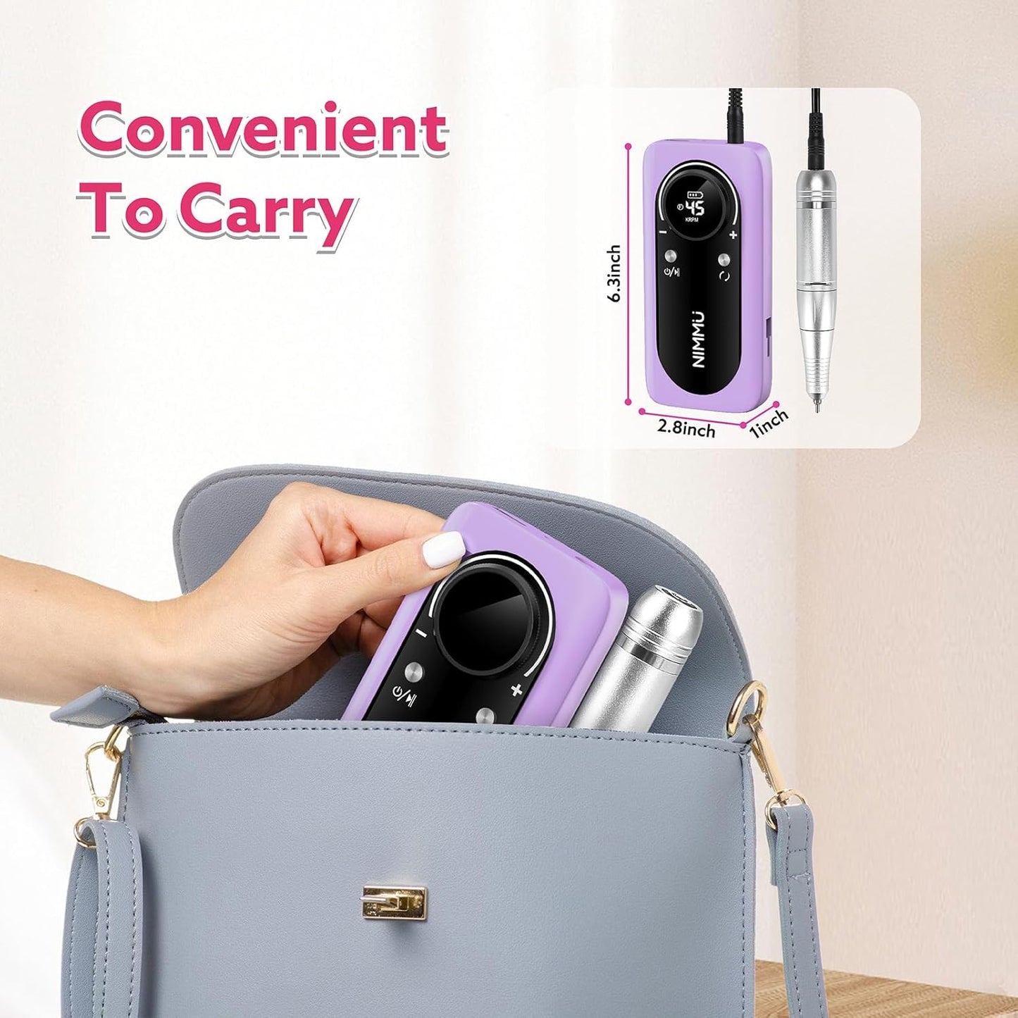 Nimmu Portable Nail Drill Professional, 45000RPM Electric Nail File for Acrylic Nail Remove Gel Polish, Rechargeable Nail Drill Machine with 11 Bits Kit for Manicure Salon Home (Purple)