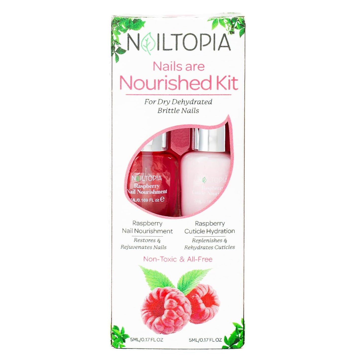 Nailtopia - Nails are Nourished Kit, For Dehydrated Brittle Nails & Cuticles - Plant-Based, Non Toxic, Bio-Sourced - Moisturizing & Strengthening Superfood Treatment - Raspberry Extract (Clear) - 2 Pc
