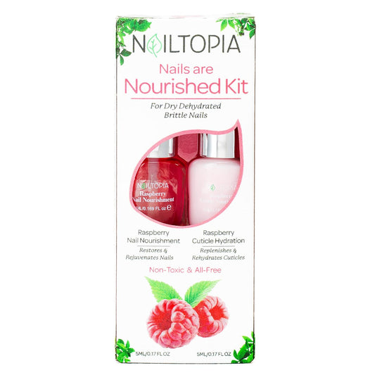 Nailtopia - Nails are Nourished Kit, For Dehydrated Brittle Nails & Cuticles - Plant-Based, Non Toxic, Bio-Sourced - Moisturizing & Strengthening Superfood Treatment - Raspberry Extract (Clear) - 2 Pc