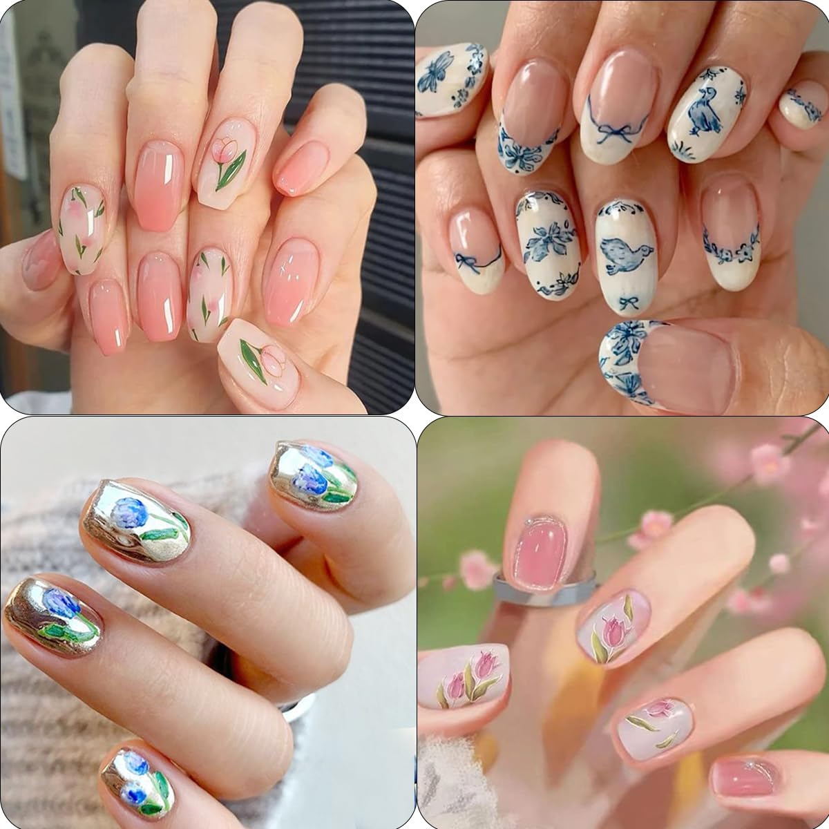 6Sheets Spring French Nail Stickers 3D Self Adhesive Flower Nail Decals Elegant Tulip Flower Bow Nails Art Stickers Blue Hibiscus Floral Nails Art Design Supplies for Women Girls DIY French Manicure