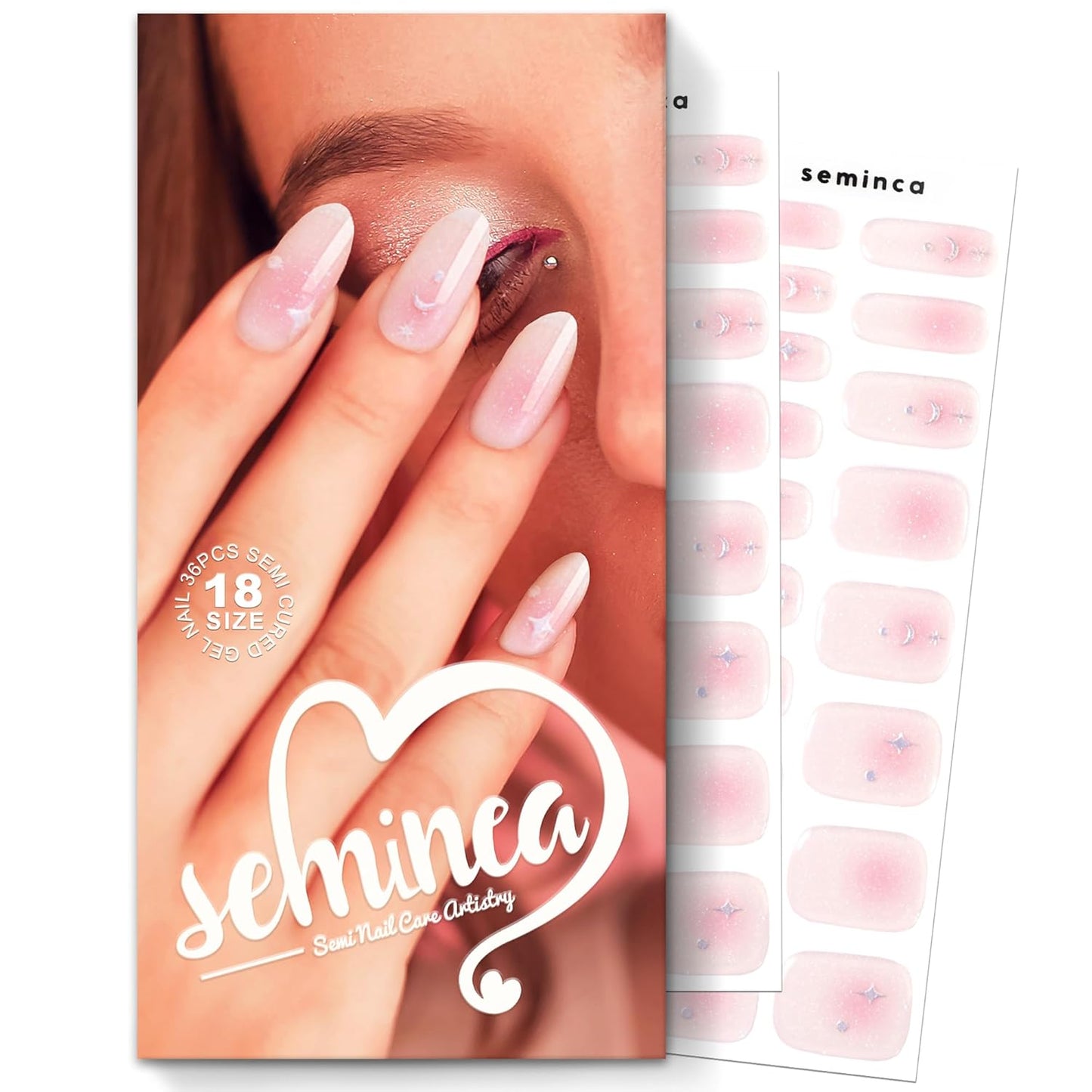 Semi Cured Gel Nail Strips-Semi Cured Gel Nails Celestial Design Nude Pink Shimmer with Gold Stars & Moons, Long Almond Press on Nails, Whimsical Manicure(Shooting Star)