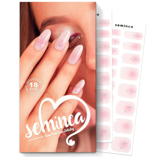 Semi Cured Gel Nail Strips-Semi Cured Gel Nails Celestial Design Nude Pink Shimmer with Gold Stars & Moons, Long Almond Press on Nails, Whimsical Manicure(Shooting Star)