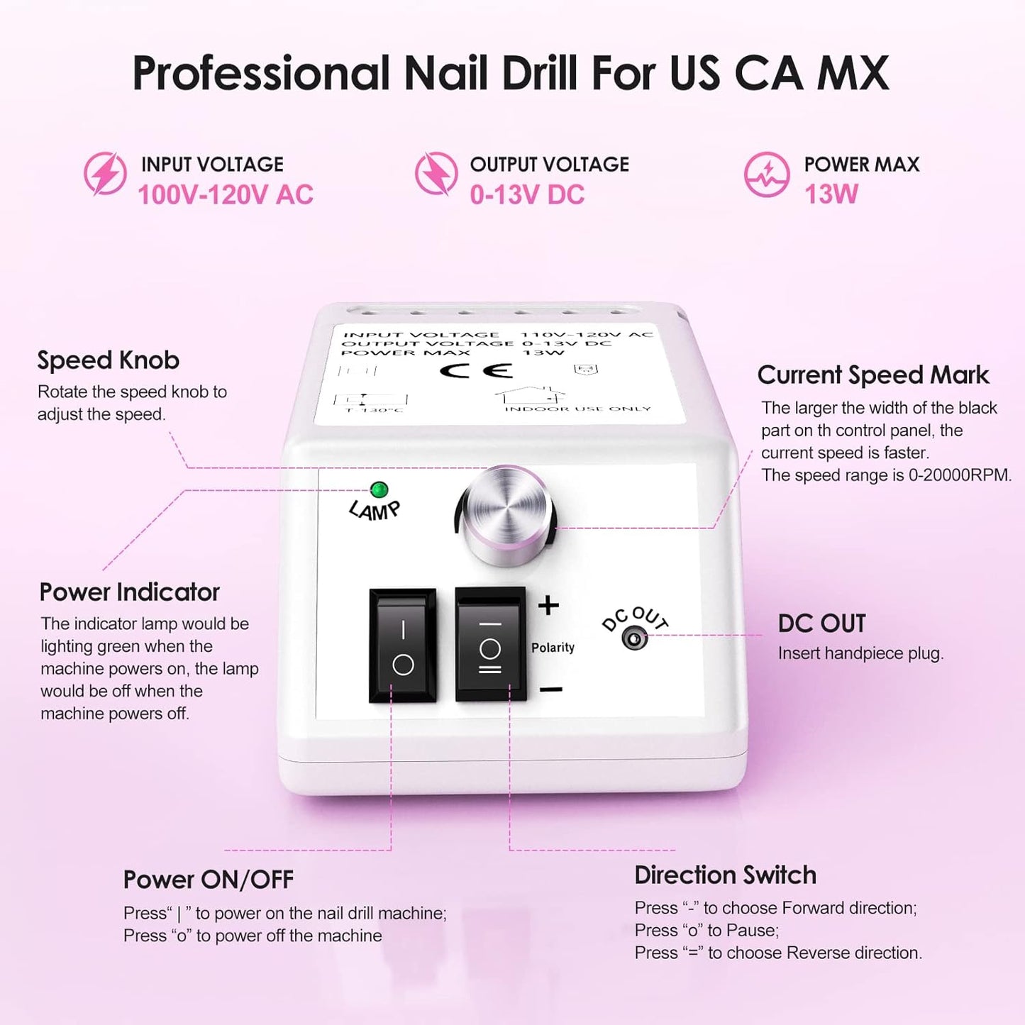 Professional Nail Drill Machine 20000RPM Efile Electric Nail Filer Kit for Finger Toe Nails, Acrylic Gel Nails Manicure Pedicure, with 6Pcs Nail Bits and 106Pcs Sanding Bands - White