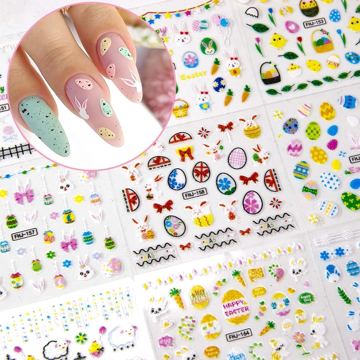 30 Sheets Easter Nail Art Stickers Rabbit Nail Sticker 3D Self-Adhesive Nail Decals Cute Cartoon Bunny Egg Nail Art Design for Women Girls Kids Nails Art Decorations Manicure Accessories