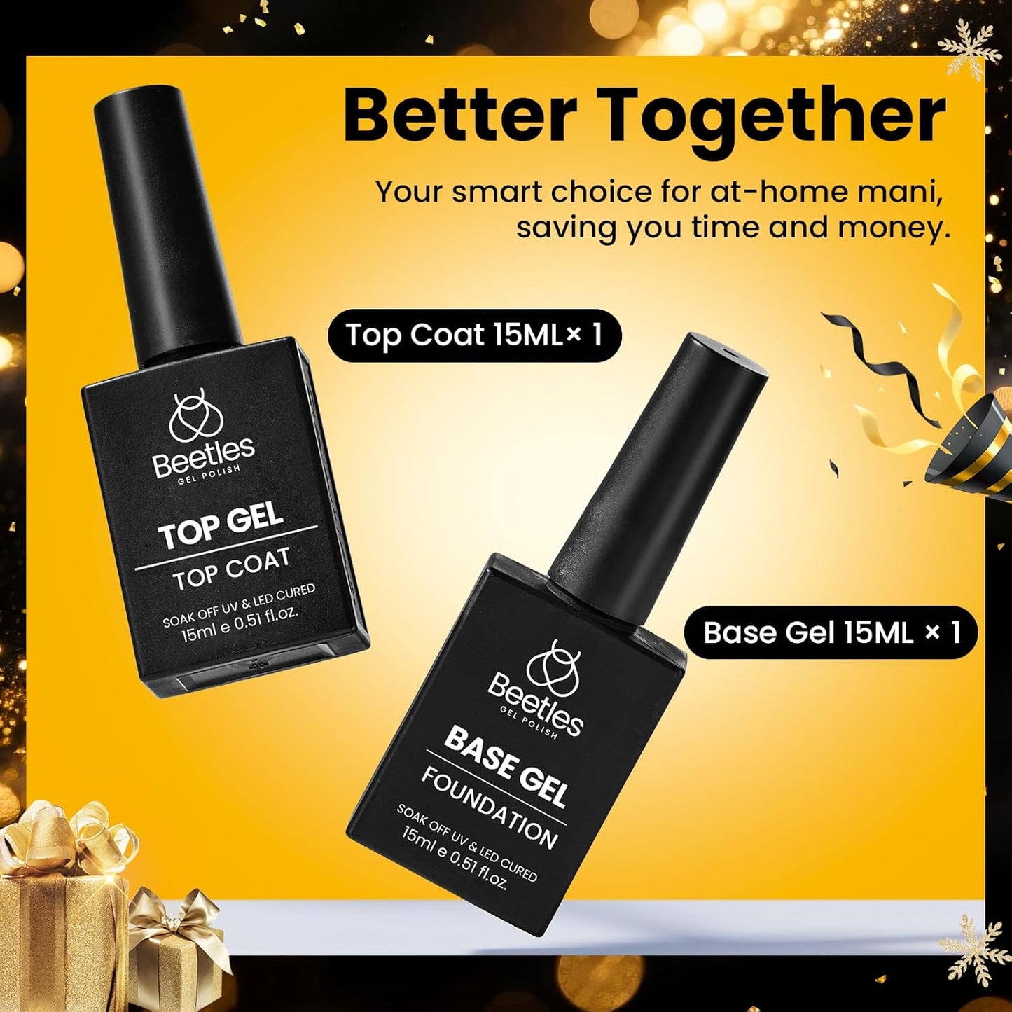 Beetles No Wipe Gel Top Coat and Base Coat Set for Gel Nail Polish - 2Pcs 15ml Super Shiny and Long Lasting Soak Off UV/LED Lamp Needed, Christmas Nail Art Design Gift