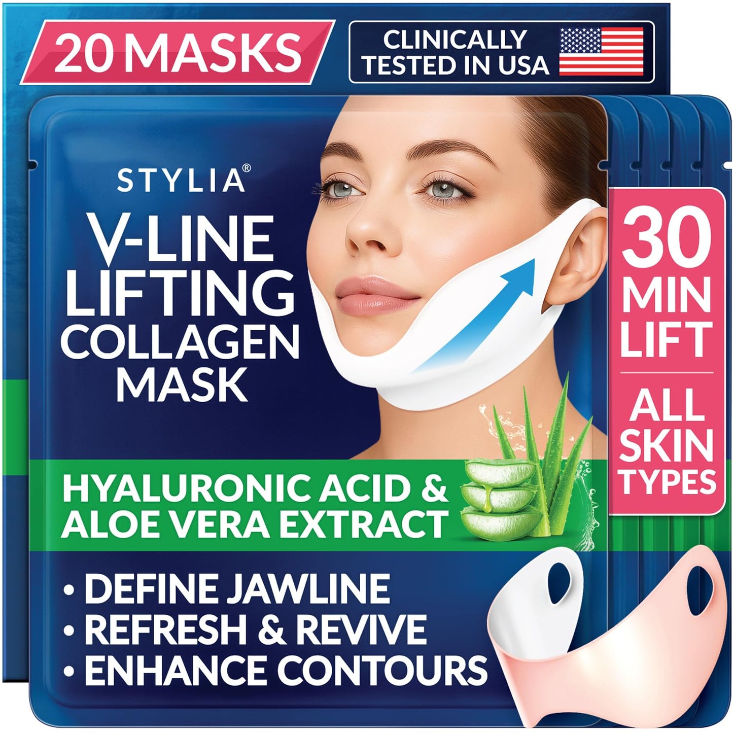 STYLIA V Line Lifting Collagen Face Mask - Lift, Firm & Contour Jawline - Double Chin Strap with Hyaluronic Acid & Aloe Vera - Hydrating Neck & Face Tightening Mask - Chin Strap for Sleeping - 20PC