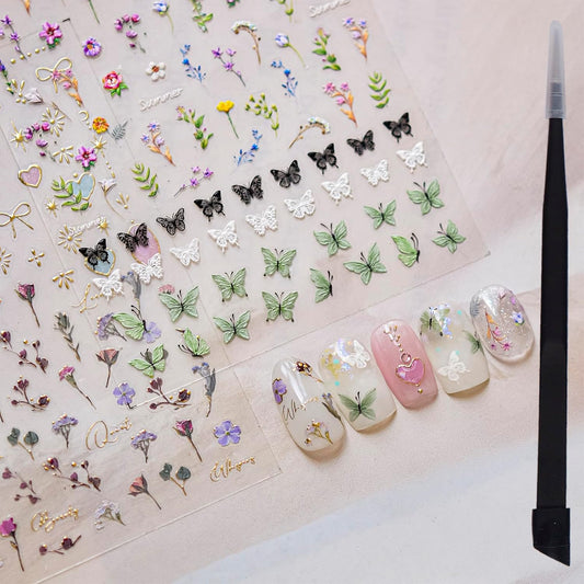 Flower Nail Stickers for Nail Art Decals Charms,5D Embossed Floral Butterfly and Heart Gem, Self-Adhesive 5 Styles Craft Nail Supplies 2 Sheets with Tweezers Kit for Women Decoration