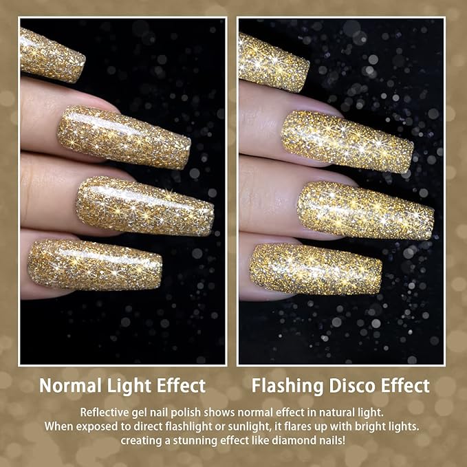 RARJSM Reflective Glitter Gel Polish Champagne Gold Holographic Gel Nail Polish Rainbow Iridescent Shimmer Pigment L E D U V Soak Off Sparkle Diamond Gelpolish Nail Art Manicure Salon DIY at Home 1pcs