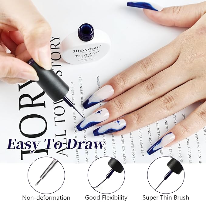 JODSONE 10ml Nail Art Gel Liner Dark Blue Gel Nail polish with Thin Brush Need U V Lamp Cured at Home DIY Gift for Girls