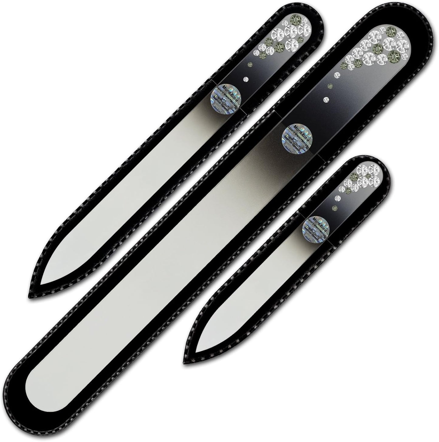 Mont Bleu Set of 3 Glass Nail Files Hand Decorated with Crystals - Handmade Gifts - Czech Tempered Glass - Crystal Nail Files for Natural Nails - Premium Nail Filer Kit