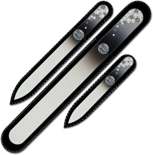 Mont Bleu Set of 3 Glass Nail Files Hand Decorated with Crystals - Handmade Gifts - Czech Tempered Glass - Crystal Nail Files for Natural Nails - Premium Nail Filer Kit