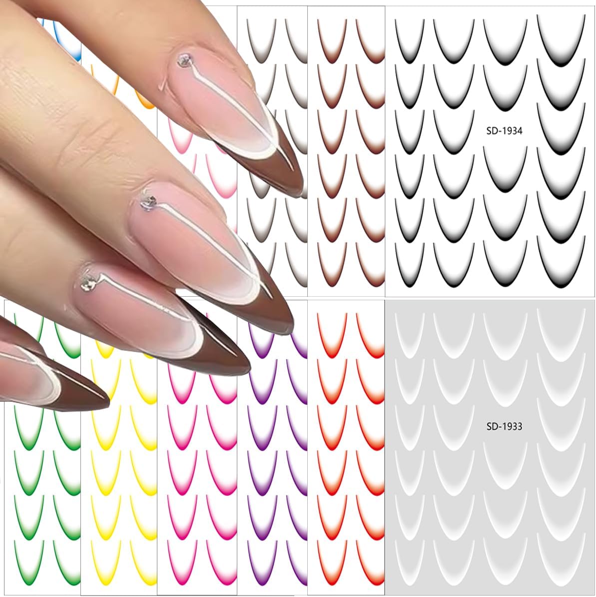 12Sheets Gradient French Line Nail Stickers, Colorful Stripes Line Transfer Decals Curved Lines Nail Art Designs Self-Adhesive Nail Tips Guides Fashion Nail Accessories Gel Polish Wraps Stencil Tools