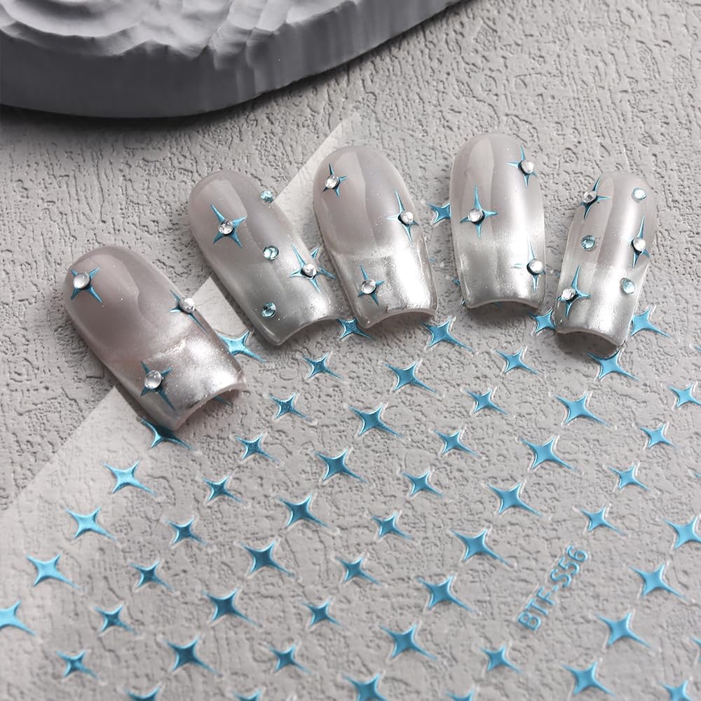 Nail Stickers - Blue Green Star Rhinestone, Minimalist Design, Self-Adhesive for Nail Art A Set of 2 Sheets