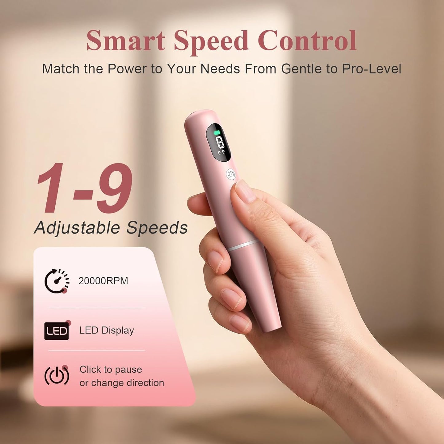 Cordless Nail Drill Kit - 9 Speed Wireless Electric Nail File with LED Display, Portable Nail Drill Machine for Acrylic Gel Nails, Rechargeable 20000RPM Hand Feet Grind Trim Tool for Women Men Baby