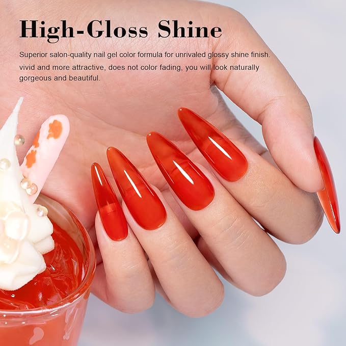 RARJSM Jelly Gel Nail Polish Clear Crystal Glass Translucent Amber Orange Dark Red Transparent Sheer Gel Varnish LED UV Curing Requires French Manicure Soak off for Home Salon Diy Summer Colors 15ML