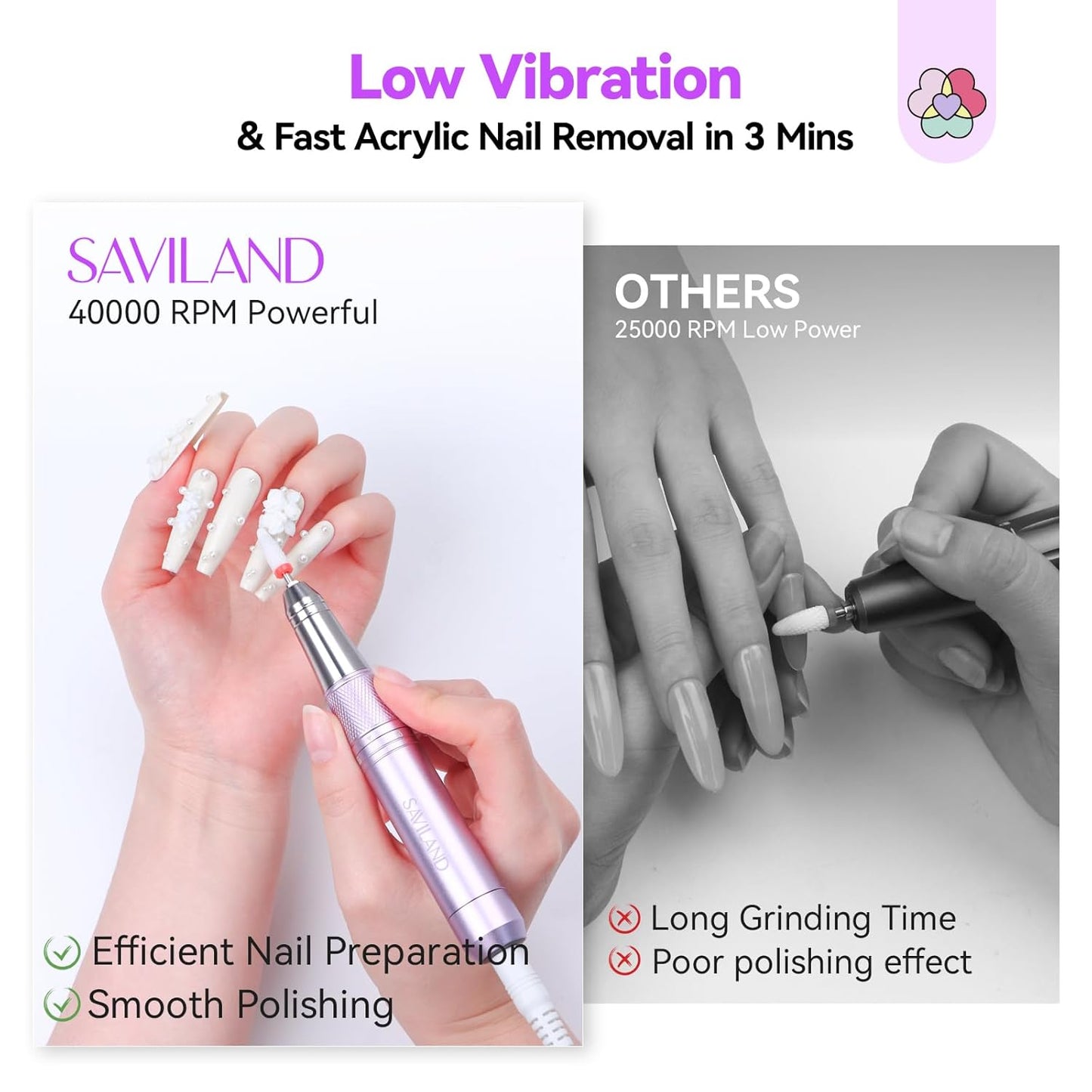 SAVILAND Advance Nail Drill Professional: 40000 RPM Powerful Torque Electric Nail File Low Vibration with Rainbow Light 15H Long Battery Life Coreless Motor Quiet for Quick Acrylic Removal PRO Salon