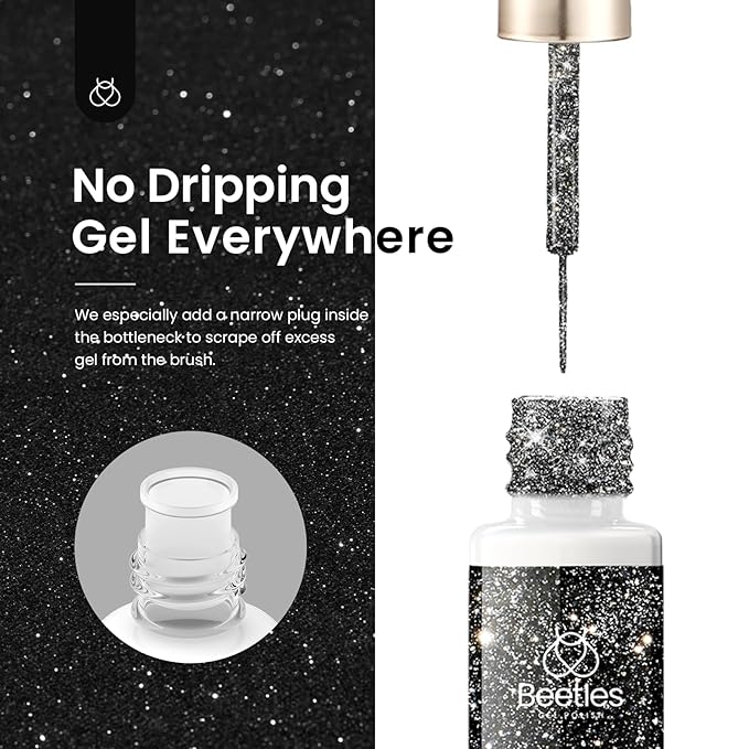 Beetles Reflective Glitter Gel Polish, 2 Pcs Liner Gel Nail Polish Set Black Silver Nail Art Gel Glitter Gel Nail Polish Diamond Shinning Liner Nail Art Design Gifts for Women New Trend