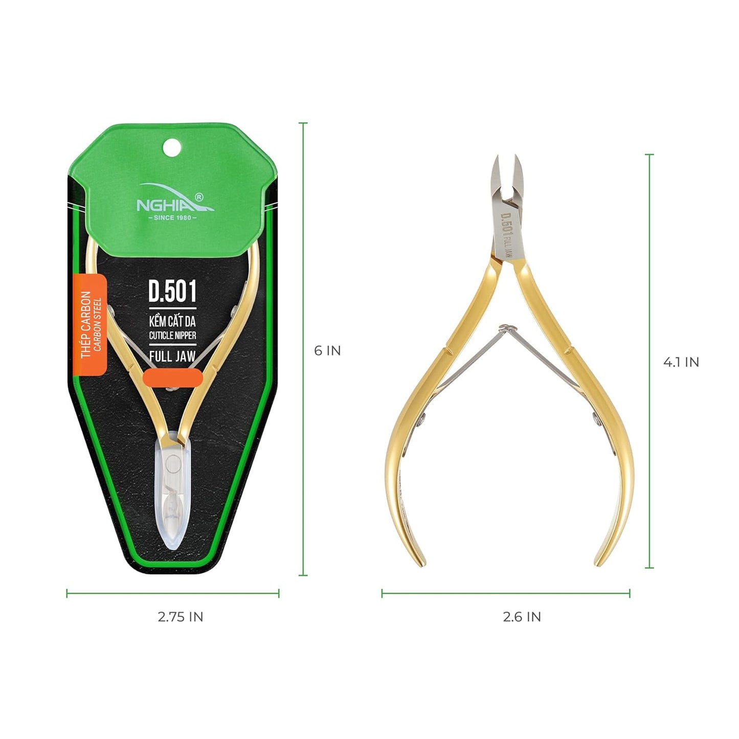 Professional Hard Steel Cuticle Nipper - D-501, Precision Nail Tech Nipper with Gold and Grey Plated Double Spring Jaws - Lap Joint Construction for Superior Performance.